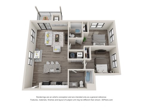 Floor plan for 2 beds, 2 baths, 897 sqft